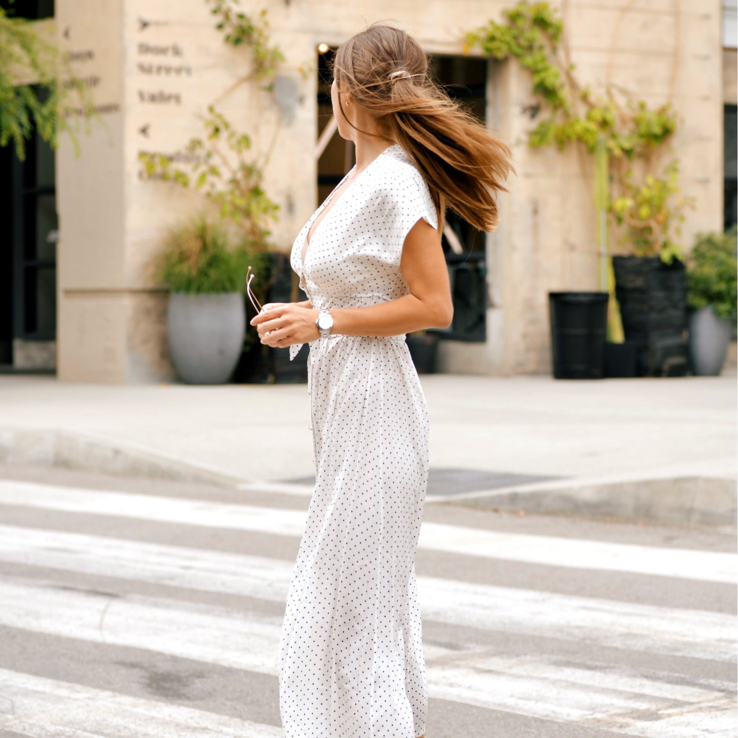 V-Neck Silk Crepe Polka Dot Midi Dress
